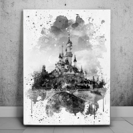 Watercolor Sleeping Beauty Castle - B and W Canvas